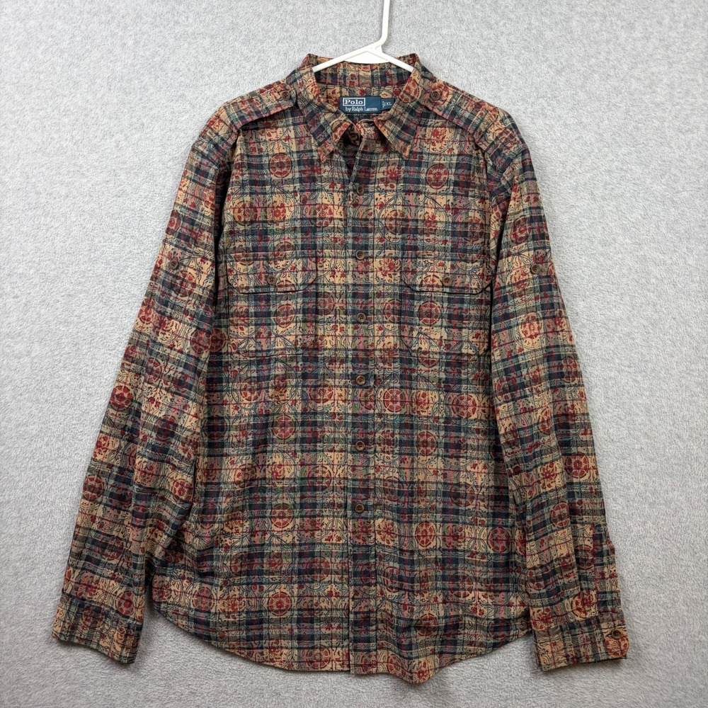 Vintage Polo Ralph Lauren Shirt Mens XL Floral Tapestry Madras Plaid Button Up